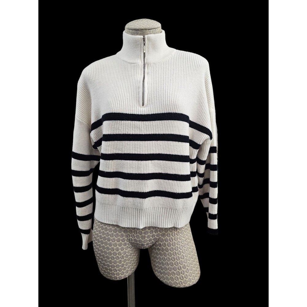Elie Tahari M Black White Striped 1/4 Zip Sweater boxy Pullover Soft Knit EUC‎